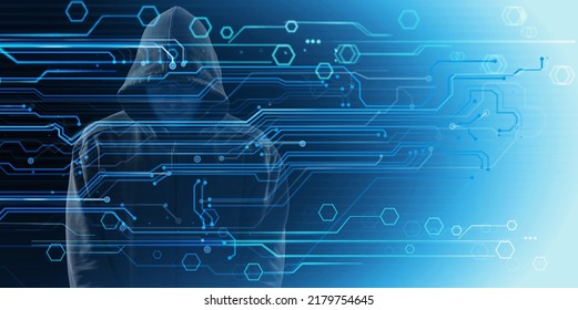 Hacker over Abstract Digital Background with Elements of Computer Programs. Concept of Data thief, internet fraud, darknet and cyber security.