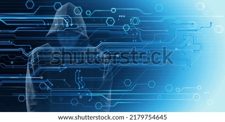 Hacker over Abstract Digital Background with Elements of Computer Programs. Concept of Data thief, internet fraud, darknet and cyber security.
