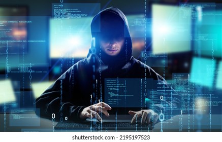 Hacker in PC room. Cyber crime. Wide image for banners, advertisements. - Powered by Shutterstock