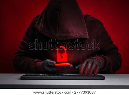 Hacker performing cyber attack with broken lock icon on smartphone. Data breach, cybersecurity threat, system hacked, information theft, digital security risk and network vulnerability concept.