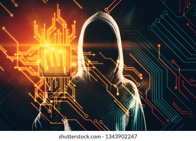 Hacker pointing at creative circuit chip. Artificial intelligence and malware concept. Double exposure 
