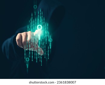 Hacker is pointing his finger at a binary code on a dark background. Concept of information security in internet networks and espionage.