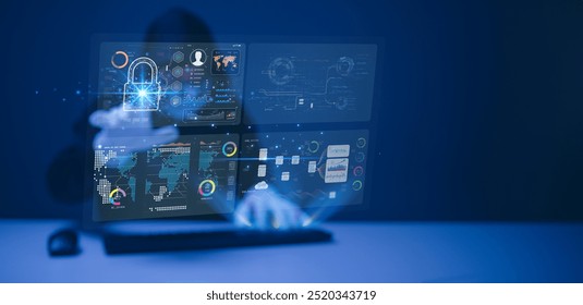 Hacker professional analyzes complex data visualizations with advanced cybersecurity graphics, importance of data protection and secure networks technology-driven world - Powered by Shutterstock