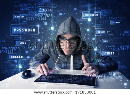 Hacker programing in technology enviroment with cyber icons and symbols