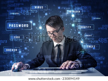 Hacker programing in technology enviroment with cyber icons and symbols