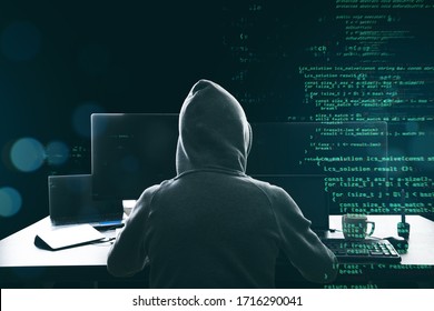 Hacker programmer using computer with abstract html code. Safety and programming concept. Double exposure