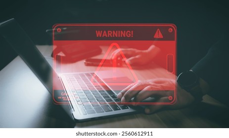 Hacker or programmer using laptop with triangle caution warning sign, coding, cryptography, hacker, crime, virus, for notification error and maintenance concept. Computer with red warning sign. - Powered by Shutterstock - Get 15% off with code: PIKWIZARD15