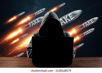 Hacker, Propagandist Launches Fake News. Information War, Hybrid War, War In The Media Space. Cyber Warfare, DDoS Attack, Fakes, Hackers And Cybercrime, Phishing, Propaganda