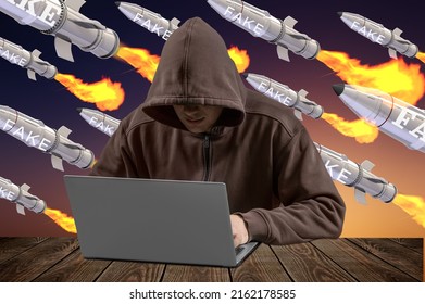 Hacker, Propagandist Launches Fake News. Information War, Hybrid War, War In The Media Space. Cyber Warfare, Attack, Fakes, Hackers And Cybercrime, Phishing, Propaganda