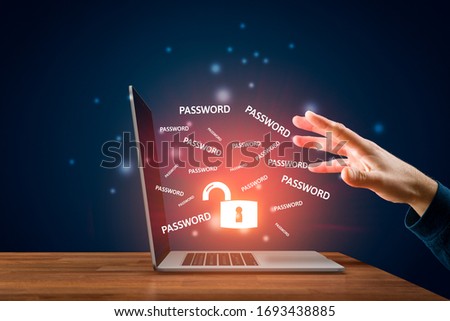 Hacker reach for unprotected computer. Password leakage and cybersecurity concept. Notebook with symbol of open padlock and texts password on the screen.