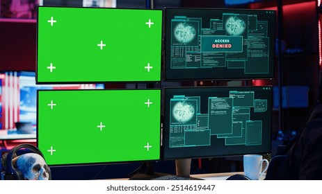Hacker receiving access denied error message on chroma key monitors while doing corporate espionage. Scammer failing to steal information on competitor products using green screen PC, camera A - Powered by Shutterstock - Get 15% off with code: PIKWIZARD15