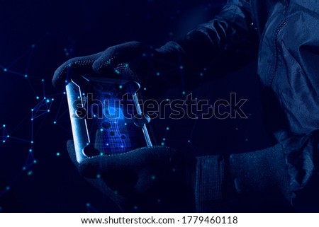 hacker robbery terrorist with tablet smartphone computer attack to server network system online in data internet security 
