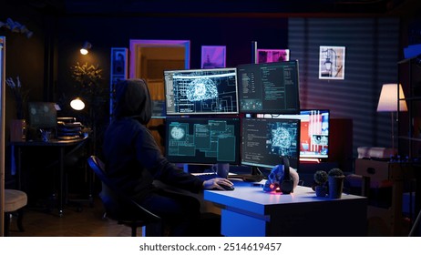 Hacker running artificial intelligence spyware software designed to gather information from users computers without their knowledge. Scammer commits fraud using AI, camera B