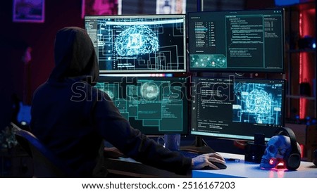 Hacker running artificial intelligence spyware software designed to gather information from users computers without their knowledge. Scammer commits fraud using AI, camera A