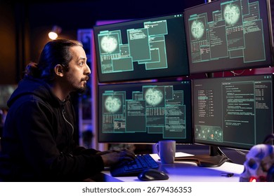 Hacker in secret hideout using PC to gain unauthorized network access, targeting unpatched connections. Rogue technician in hidden den bypassing security and exploit servers for stolen data profit