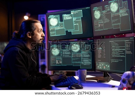 Hacker in secret hideout using PC to gain unauthorized network access, targeting unpatched connections. Rogue technician in hidden den bypassing security and exploit servers for stolen data profit