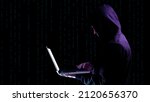 Hacker security cyber attack. Digital laptop in hacker man hand isolated on black. Internet web hack technology. Login and password, cybersecurity banner concept