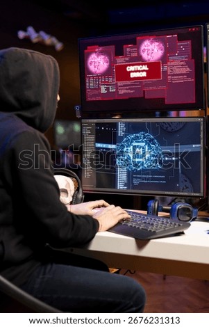 Hacker seeing critical error warning message while trying to steal valuable data from enterprise networks. Man targeting company servers getting cyber attack rejected alert popup on screen