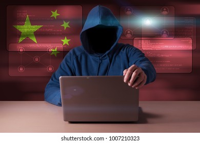 Hacker sitting in front of a laptop on background of digital flag of China. Cyber Security concept.