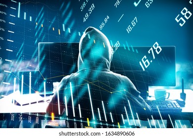 Hacker sitting in office and using computer with  glowing business charts. Hacking and cyber attack concept. Multiexposure