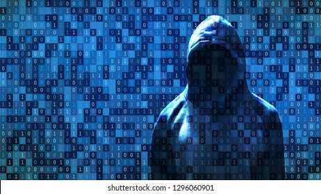 Hacker standing in front of 01 or binary numbers on the computer screen on monitor background matrix, Digital data code in safety security technology concept. Anonymous
