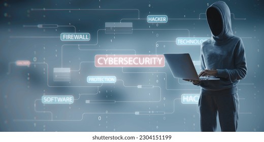 Hacker standing and using laptop computer with glowing hacking hologram with binary code and lines. Cybersecurity, firewall, technology and software protection concept. Double exposure