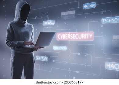 Hacker standing and using notebook with glowing hacking hologram with binary code and lines. Cybersecurity, firewall, technology and software protection concept. Double exposure