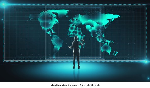 Hacker touching virtual screen with digital world map on blurry office interior background. Web safety and cyberspace concept