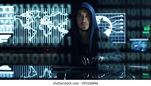 Hacker tries to enter the system using codes and numbers to find out the security password.The hacker enters the software to steal login information.Concept: immersive technology,augmented reality