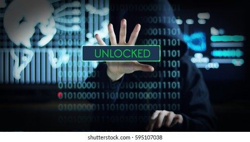 Hacker tries to enter the system using codes and numbers to find out the security password.The hacker enters the software to steal login information.Concept: immersive technology,augmented reality