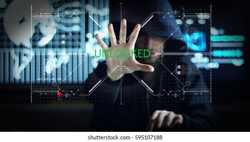 Hacker tries to enter the system using codes and numbers to find out the security password.The hacker enters the software to steal login information.Concept: immersive technology,augmented reality