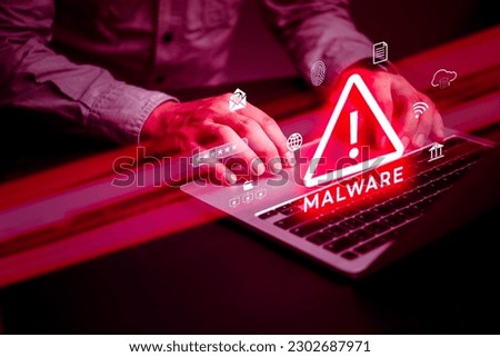 hacker uses malware with laptop computer hack password the personal data and money from Bank accounts.Scam Virus Spyware Malware Antivirus digital technology internet online Concept.