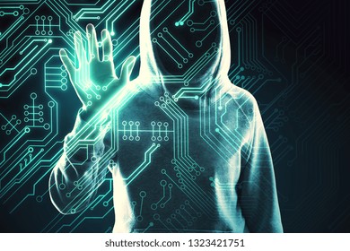 Hacker using abstract circuit interface. Hacking and hardware concept. Double exposure 