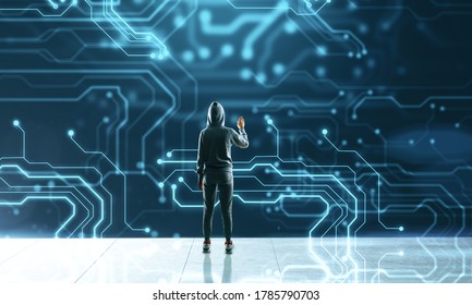 Hacker using abstract circuit motherboard interface. Hacking and hardware concept. Double exposure