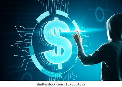 Hacker using abstract  glowing dollar icon interface hud on blurry background. Cryptography and innovation concept.