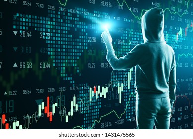 Hacker using abstract interface with map and forex chart. Criminal and global trade concept