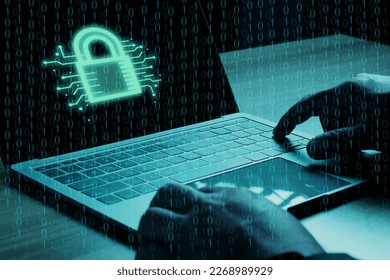 Hacker using abstract laptop with binary code digital interface. Hackers are using his laptop to hacking system Try to elicit information Private of people on the internet. - Powered by Shutterstock