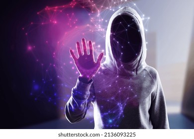 Hacker using abstract polygonal circles interface on blurry purple background. Metaverse and future concept