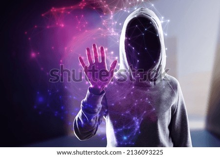 Hacker using abstract polygonal circles interface on blurry purple background. Metaverse and future concept