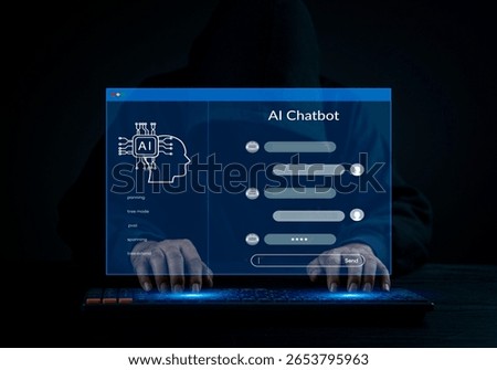 hacker using an AI chatbot interface on a digital screen. Cyber crime, online privacy, and network security. Dark network and data breach. Illegal activity and a dangerous software.