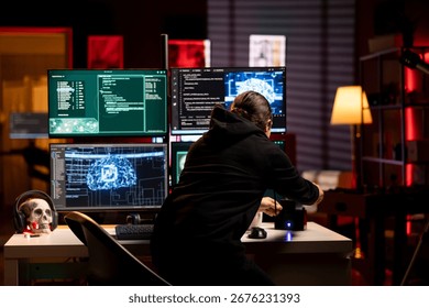 Hacker using AI deep learning to code malware designed to exploit network backdoors. Rogue engineer using neural networks tech to bypass password protections security measures