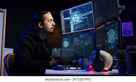 Hacker using AI technology to target vulnerable unpatched connections to steal data. Cybercriminal using artificial intelligence to compromise digital devices and gain illicit info, camera B
