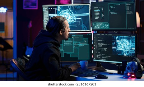 Hacker using AI technology to target vulnerable unpatched connections to steal data. Cybercriminal using artificial intelligence to compromise digital devices and gain illicit info, camera A