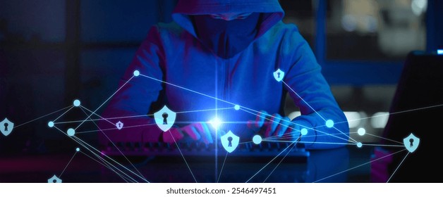 Hacker using computer with AI chatbot futuristic computer cybersecurity code shield protect computer engineer programmer typing code cyber crime hacking, internet digital technology concept.