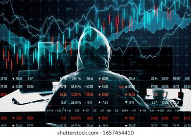 Hacker using computer with chart. Web safety and cyberspace concept