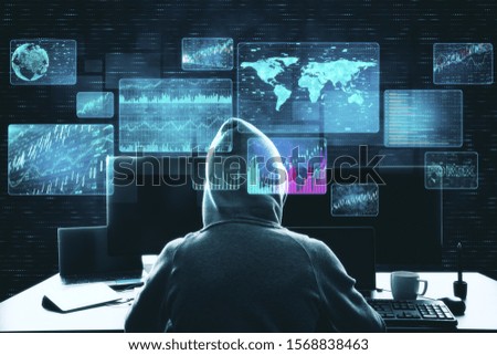 Hacker using computer with digital business interface. Hacking and innovation concept