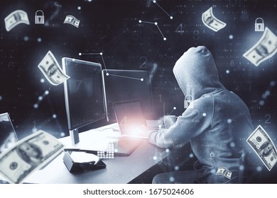 Hacker Using Computer And Falling Money Bills. Hacking And Financial Success Concept