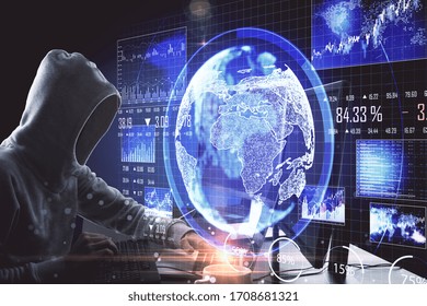 Hacker using computer with global business scheme in office. Hacking and cyber attack concept.