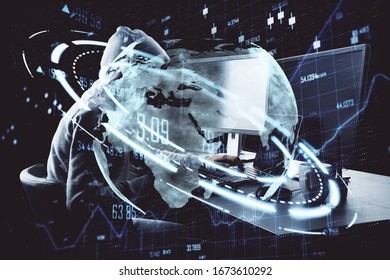 Hacker using computer on abstract digital background. Digital business interface and stock chart. Global business and media concept.