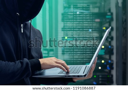 Hacker is Using Computer for Organizing Massive Data Breach Attack on Corporate Servers. Their Hideout is Dark, Binary code